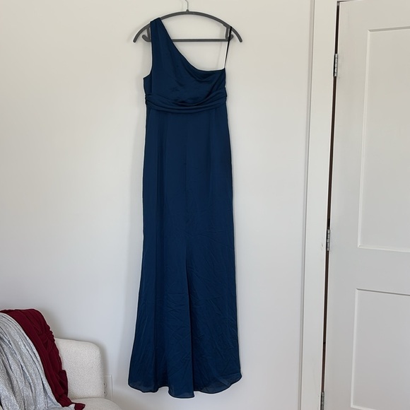 NWT Dessy Collection ONE-SHOULDER DRAPED EMPIRE WAIST TRUMPET Blue Formal Dress - Picture 5 of 7